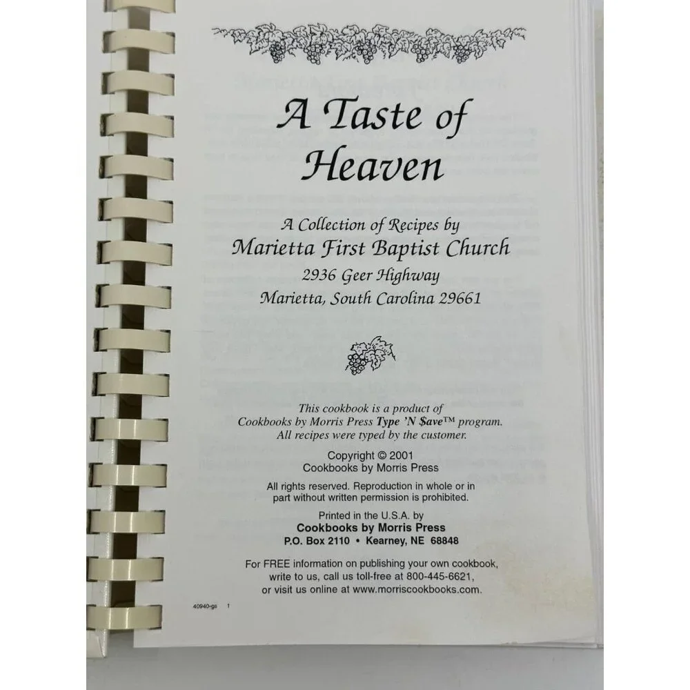 A Taste Of Heaven Spiral Bound Cookbook Marietta First Baptist Church SC 2001‎